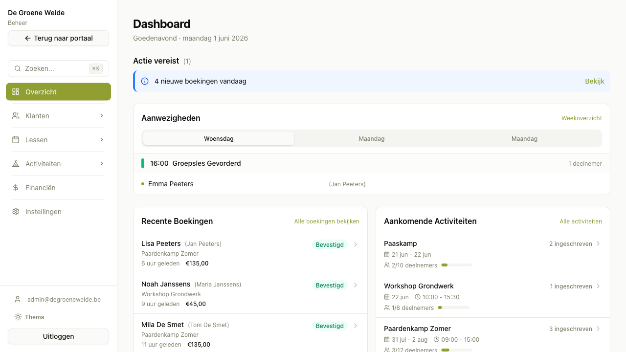 PonyPortaal admin dashboard — lessen, boekingen en activiteiten in één overzicht