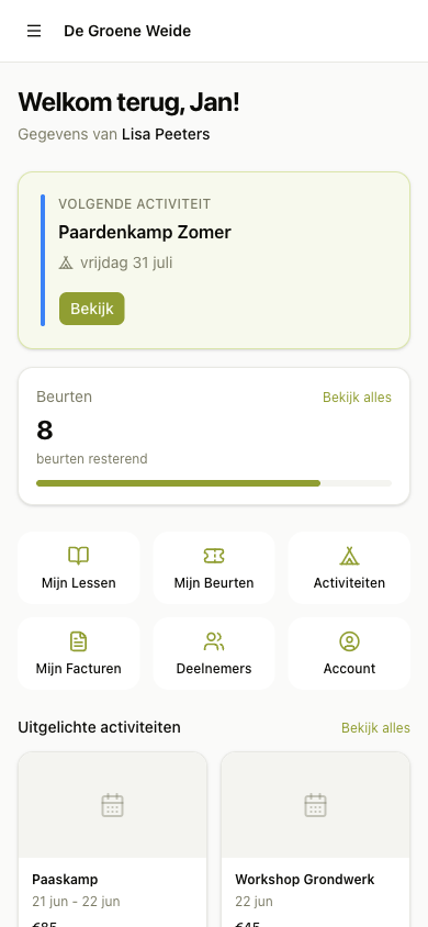 PonyPortaal klant-app — lessen, beurten en activiteiten op je telefoon