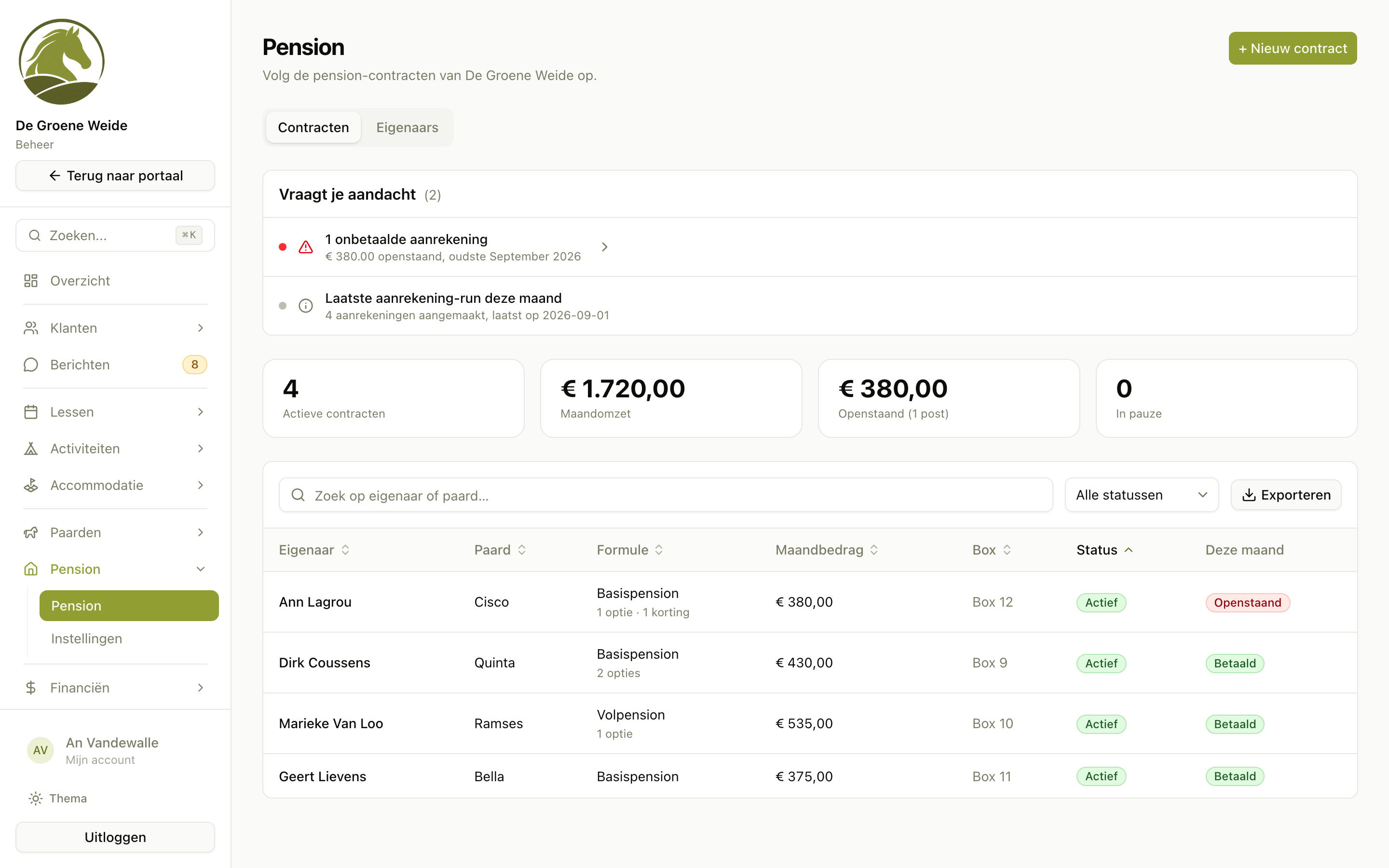 Pension in het beheer van Ponyportaal met per contract de eigenaar, zijn paard, zijn formule, zijn maandbedrag, zijn box en of deze maand betaald is.